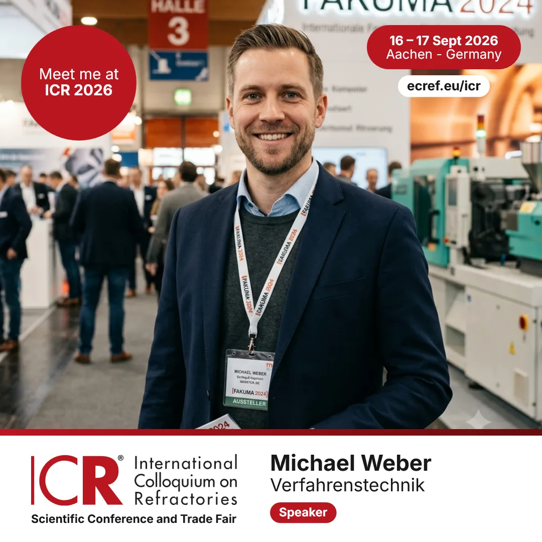 Profilbild eines Messebesuchers. Oben links ein roter Kreis mit „Meet me at ICR 2026", oben rechts eine rote Pille mit Termin und Ort, darunter die Kurzadresse der Veranstaltung. Unten eine weiße Fläche mit dem Logo des ICR, daneben Name, Funktion und eine rote Pille mit der Rolle.